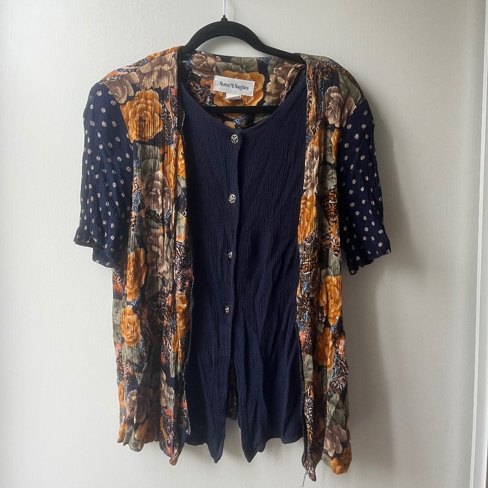 Vintage Navy, Gold, and Green Flower 2-Layer Blouse, Norton McNaughton, Size 14